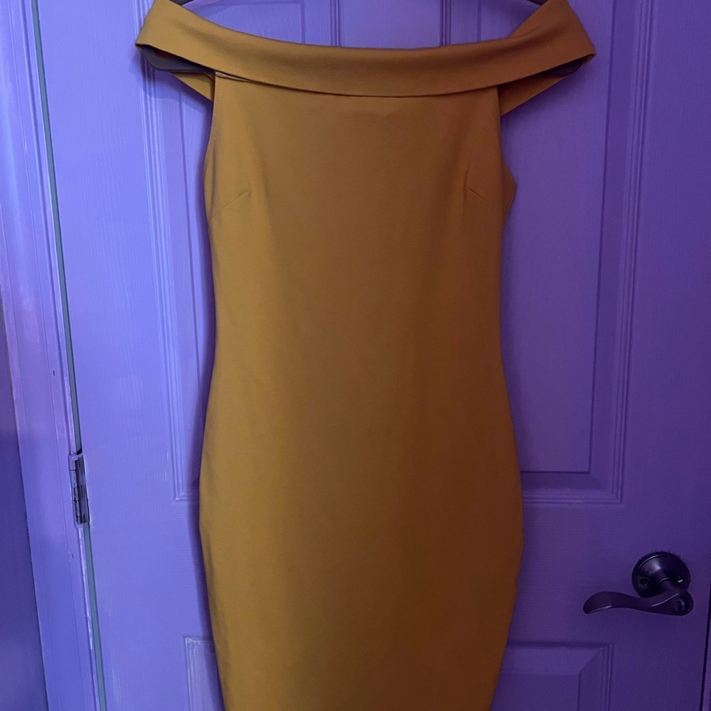 Fashion Nova Off-Shoulder Mustard Sheath Dress Ky Derby